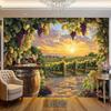 One 2D flat background of a vineyard at sunset, with wine barrels, the glow of the setting sun and grapevines - polyester
