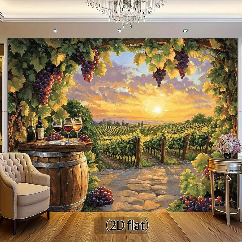 One 2D flat background of a vineyard at sunset, with wine barrels, the glow of the setting sun and grapevines - polyester