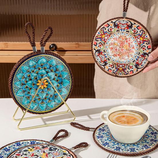 Decorative Heat Mat Vintage Ceramic Trivet, Resistant Pot Holder for Casserole Enamel Elegant Dining Placemat Cookware, Traditional Table Hot Dishes,
