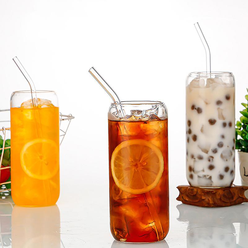 16Oz Glasbecher mit Deckel und transparentem Strohhalm Bubble Tea Cup Glas Bierdose Milch Mokka Tassen Set Frühstücksbecher Trinkgeschirr