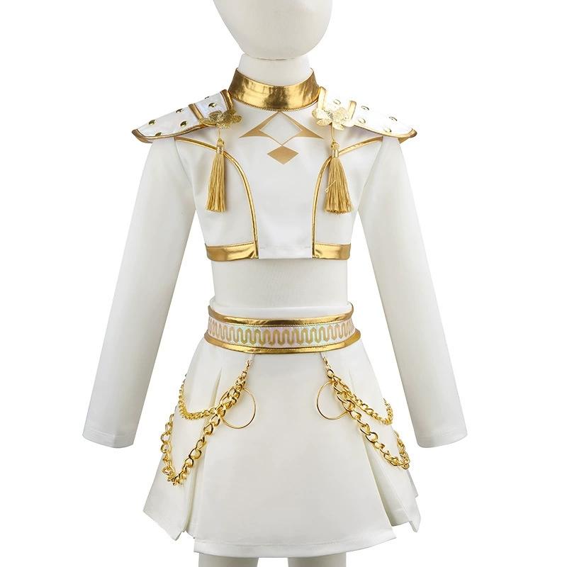 Hunters Pop Cosplay Sängerinnen Mädchen Kleiderset Echte Metallketten-Dekoration Bühnenauftritt Oberteil + Rock 2-teiliges Outfit Für Kinder 120 white