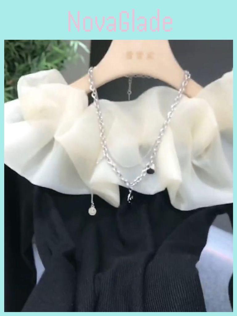 Tshirt Elegant Off Shoulder Mesh Splicing With Embroidery For Women Spring 2025