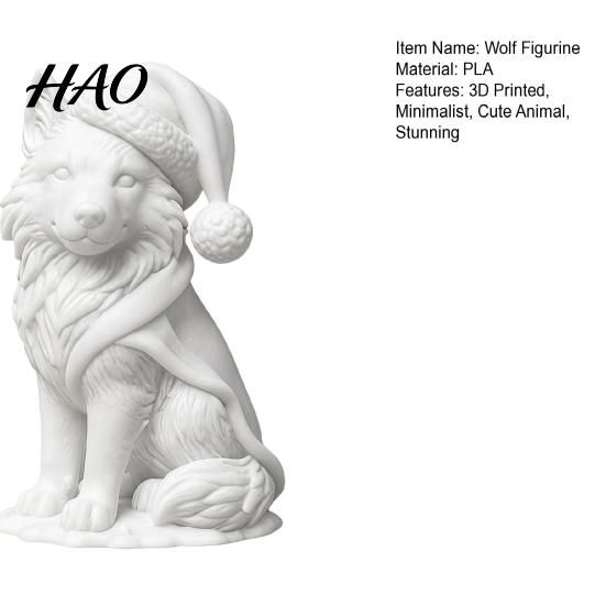 White Wolf Statue 3D Printed Figurine, Cute Christmas Animal with Santa Unique Holiday Present Hat And Scarf for Tabletop, Mantel Shelf Home