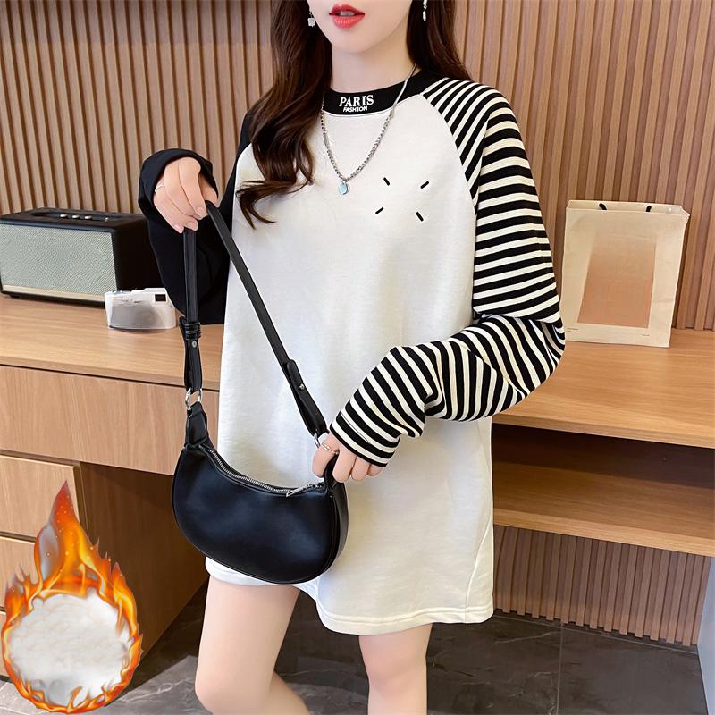 

осень зима полосатый пэчворк утолщенный женский длинный рукав футболка теплая бархатная основа y2k топы повседневные свободные футболки уличная одежда M