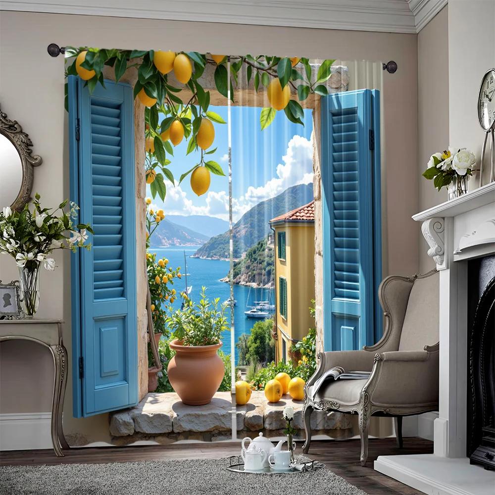 

Set Of 2 Flat Printing Scene Curtains Retro Seaside Versatile Polyester Fabric Without Electricity Spring Party Holiday Decor Curtain Made W100*H70(CM)-Hooks&2PCS