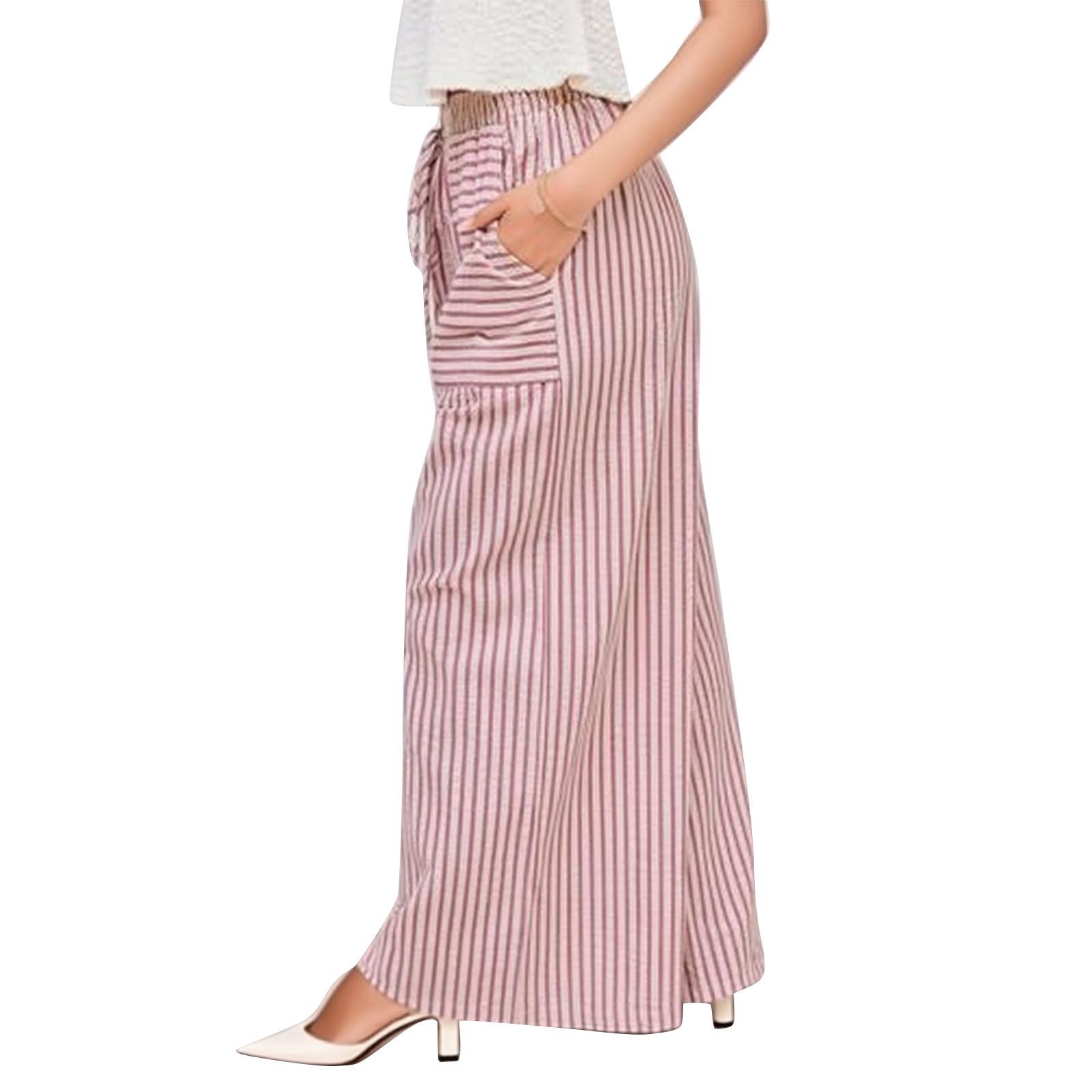 

Women s Wide Leg Pants Drawstring Striped Cotton Mid Casual Long Palazzo Trousers With Pockets S красный