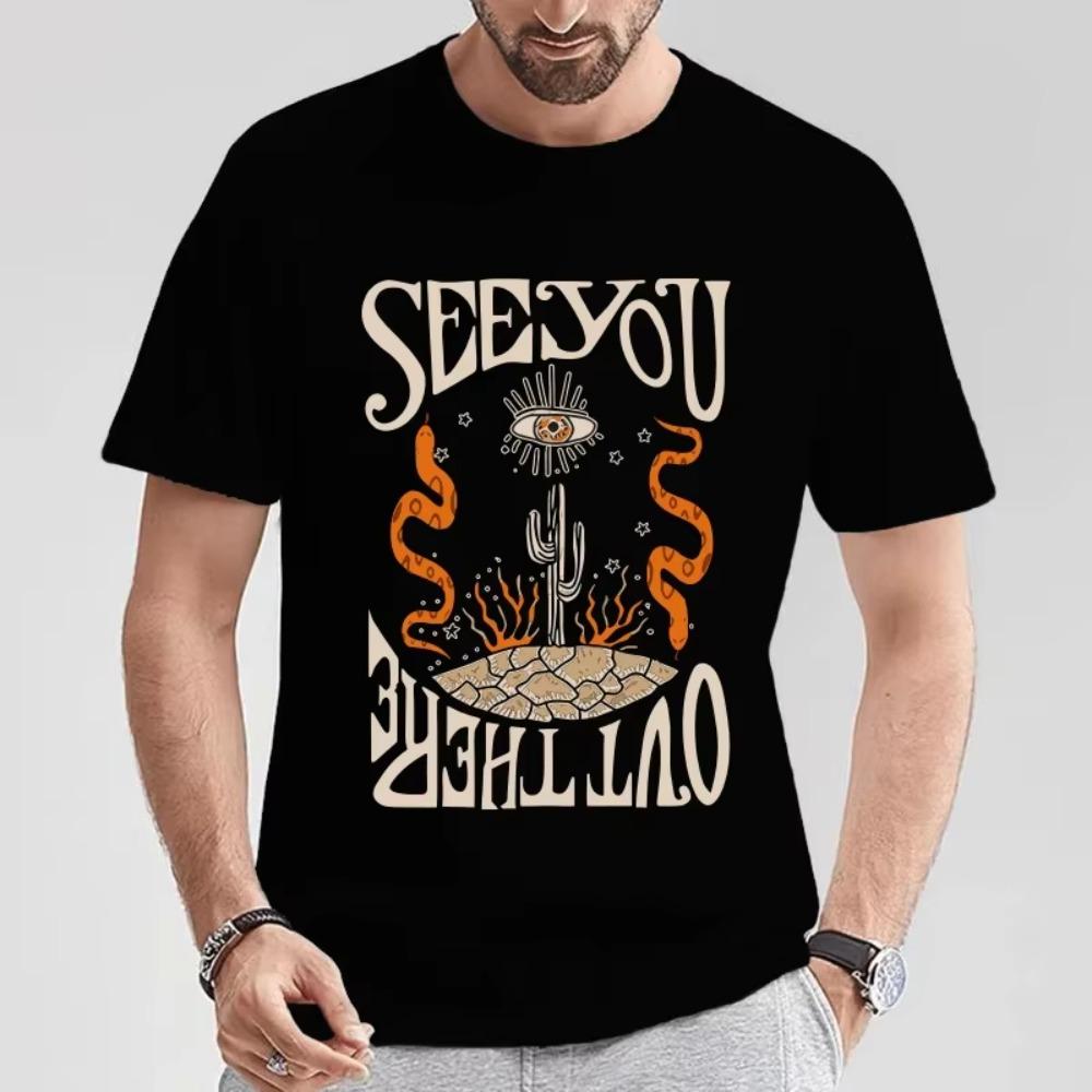 Men's Casual O-Neck Cactus Print T-Shirt Soft Fabric, Applique Details, Regular Fit, Knit Construction-Outdoor Activities Tees