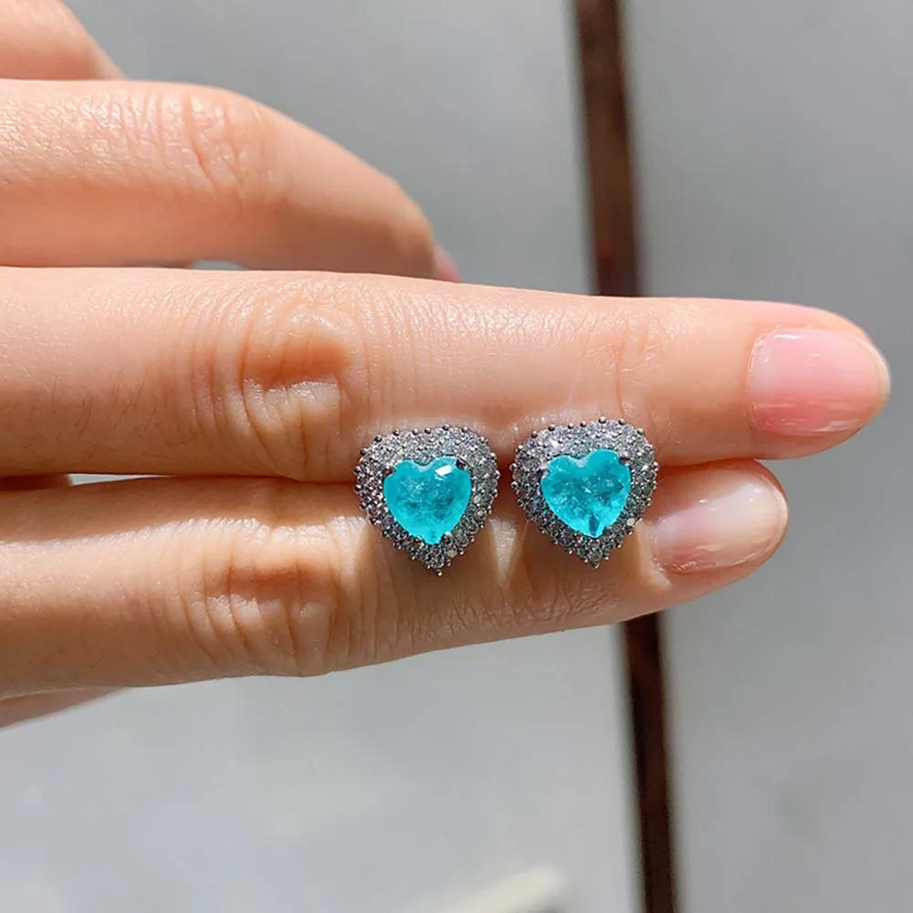 New Paraiba Heart-shaped Zircon earrings for women 925stamp Shimmering emerald earrings for brides wedding party jewelry gift