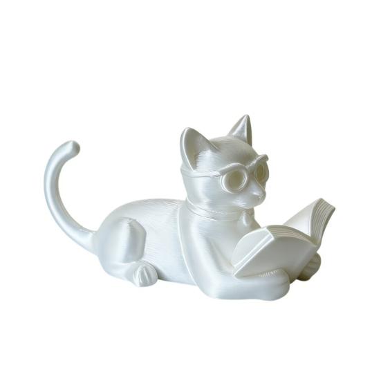Yousheng Reading Cat Ornament, 3D Printed Desk Decor with Glasses & Book, Multi-Functional Phone Stand Holder Bookend, Eco PLA Home Decor Gift for