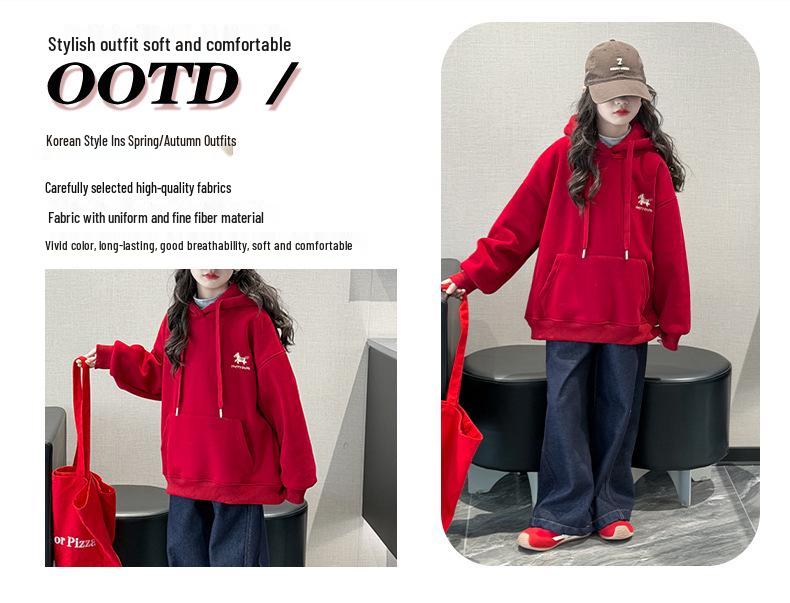 Girls' Plus Velvet Hooded Embroidered Sweatshirt, Red New Year 2026 Horse Zodiac Outfit for Big Kids