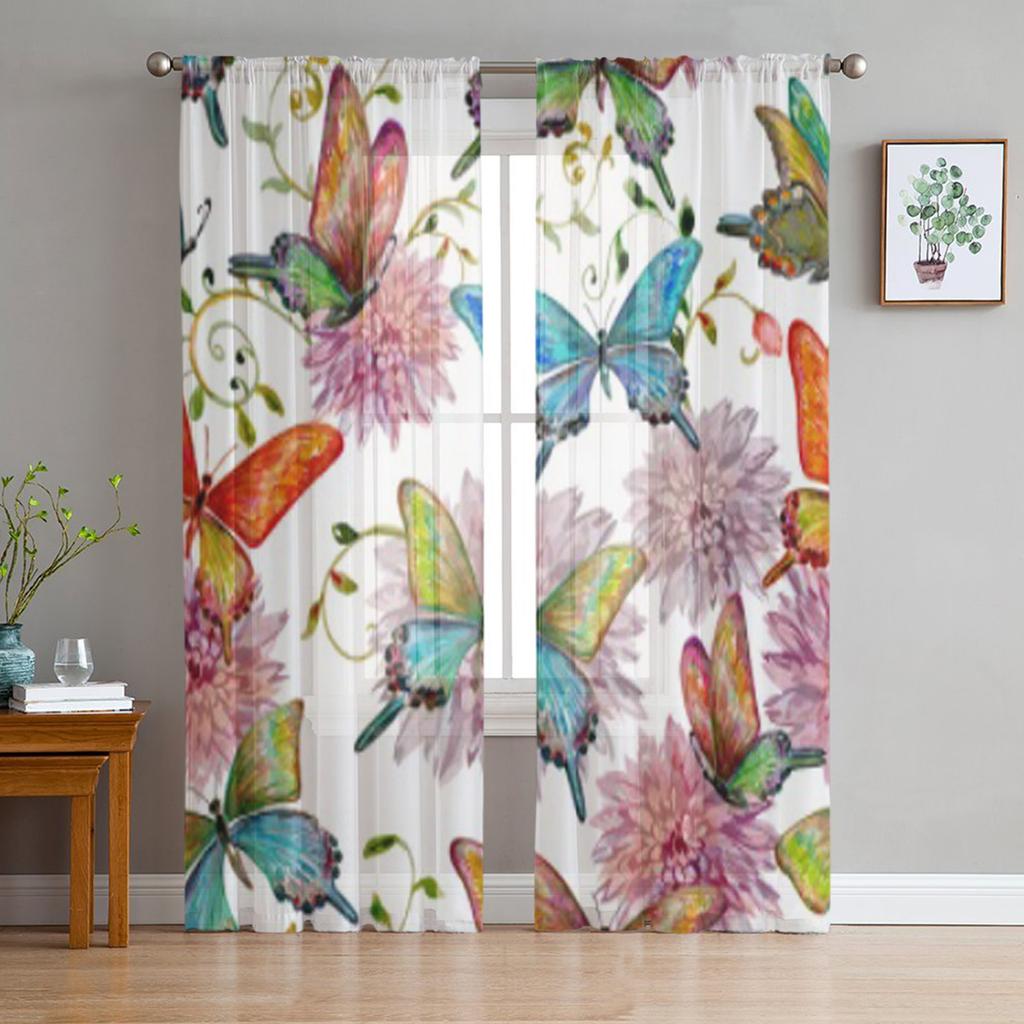 Retro Bunte Schmetterlinge Blume Chiffon Gardinen für Wohnzimmer Schlafzimmer Küche Dekoration Fenster Voiles Tüll Vorhang