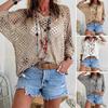 Women Knitting Tops V-Neck 3/4 Sleeve Hollow Knitted Design Pullover Tops Solid Color Loose Fit Cover Up Tops