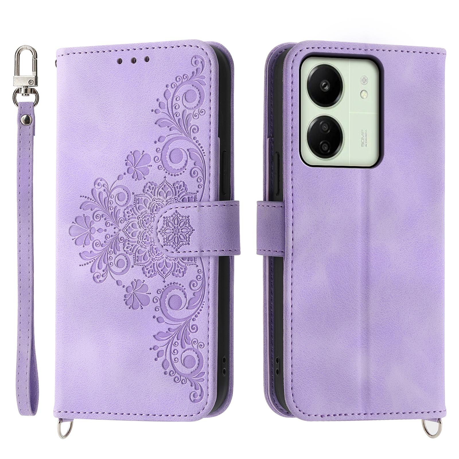 

For Xiaomi Redmi 13C 4G/13C 5G/Poco C65 4G/Poco M6 5G/13R 5G Case Skin Touch Flower Imprinted Phone Wallet Cover Light Purple