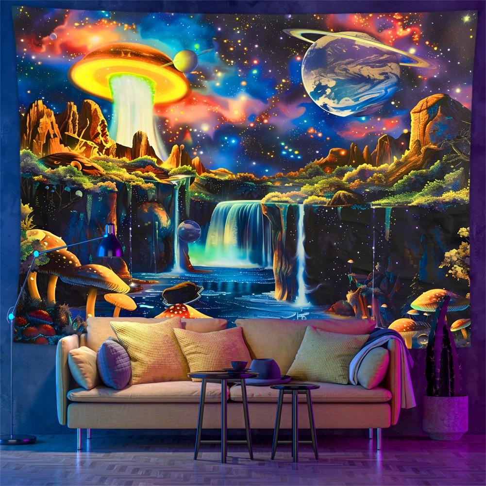 UV Reactive Mushroom Tapestry 2D Flat Printing Peach Skin Blacklight Fluorescent Psychedelic Waterfall Wall Hanging Dorm Decor