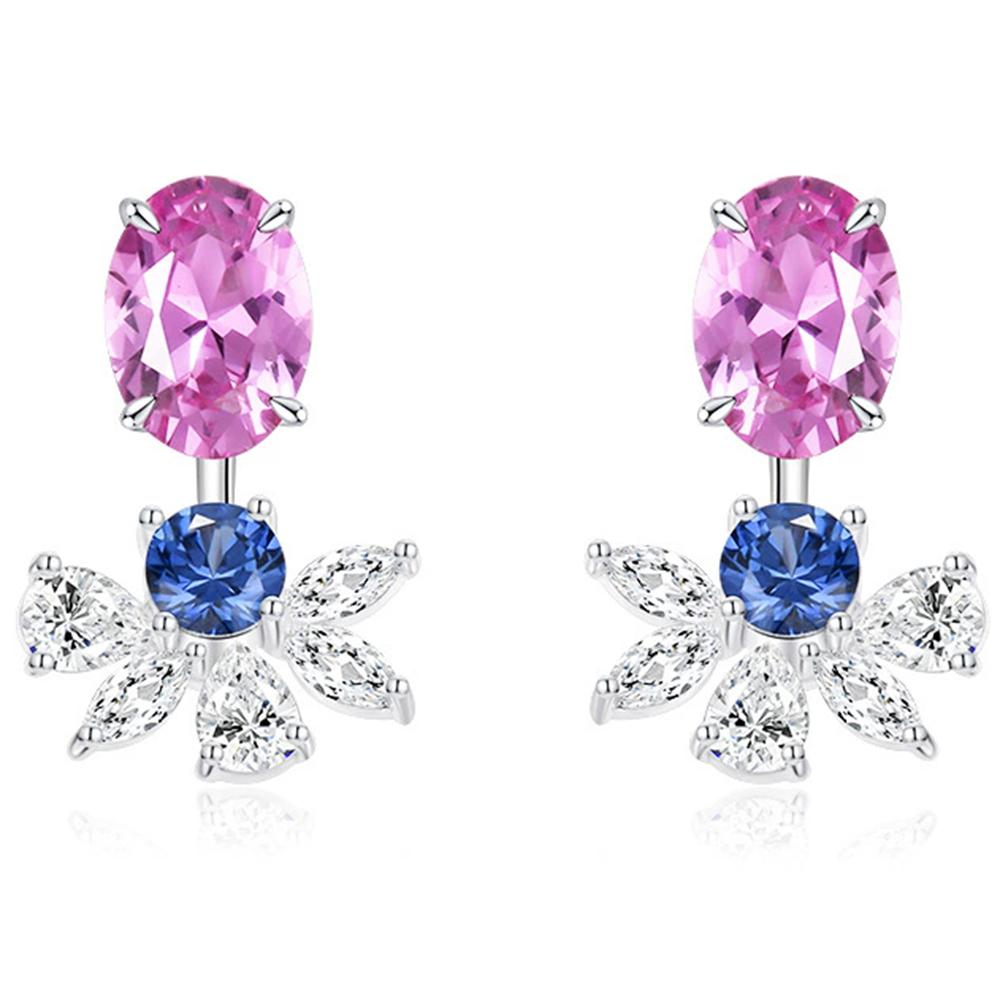 WUIHA Vintage 925 Sterling Silver 6 * 8 MM Lab Sapphire High Carbon Diamonds Gemstone Flower Ear Studs Earrings Fine Jewelry