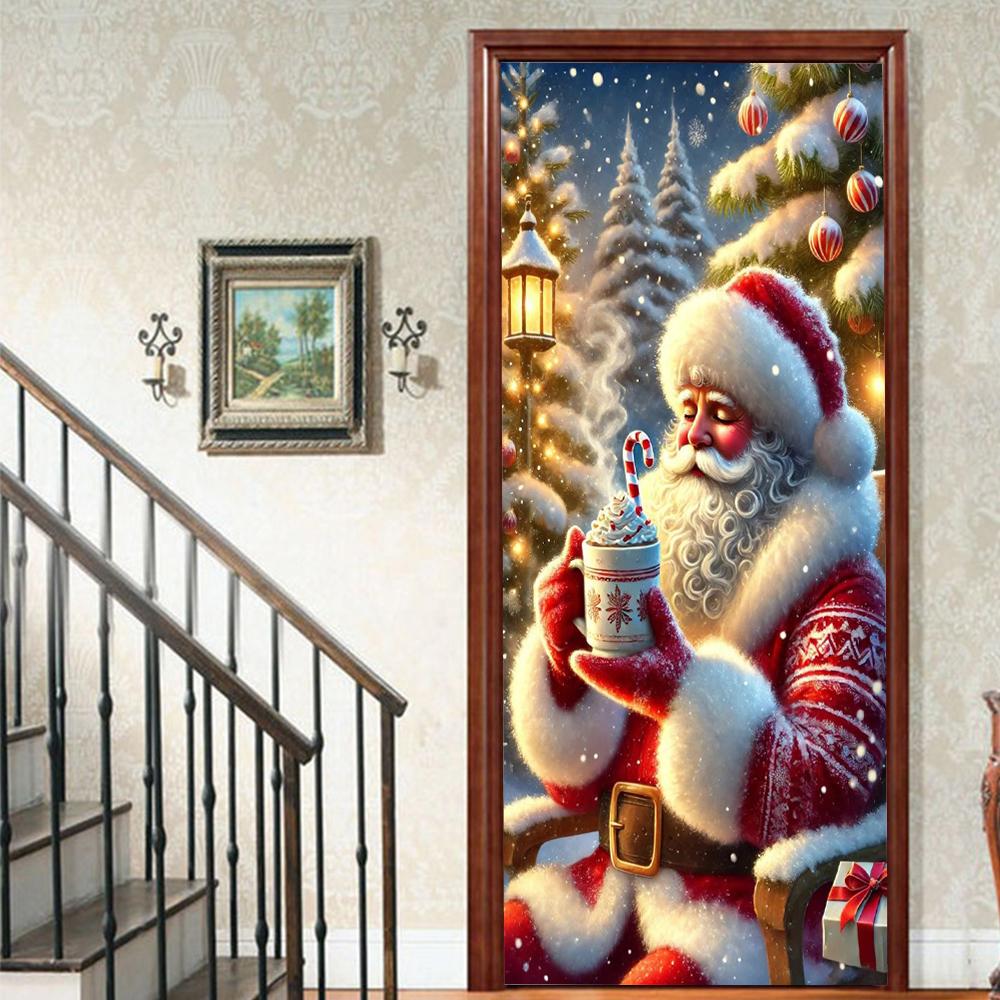 Christmas Santa Claus PVC Self-Adhesive Waterproof Door Sticker Modern Simulation Door Mural Wallpaper Living Room Study Home Decor Art Door Poster
