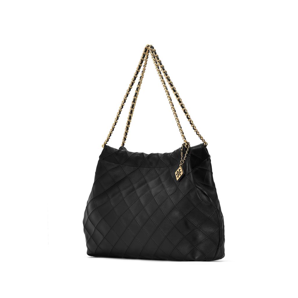 Tory Burch Fleming Solid Plaid Chain Leather Tote Shoulder Bag Large Women Bags Black 154572-001