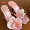 Aphixta High Heels Woman Mules Flip Flops Flower Summer High Heeled Women White Pink Floral Heels Square Toe Prom Slipper