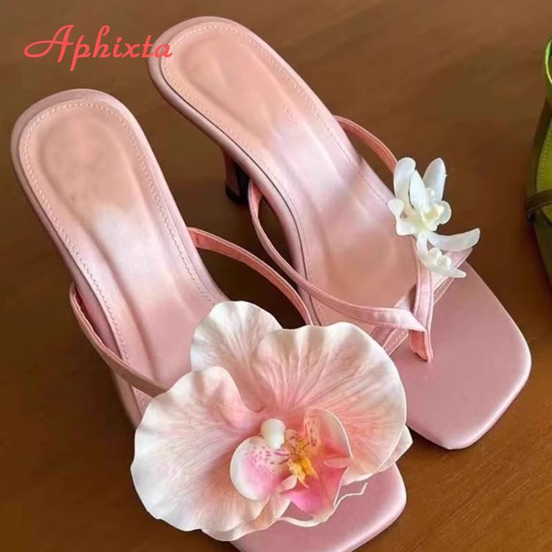 Aphixta High Heels Woman Mules Flip Flops Flower Summer High Heeled Women White Pink Floral Heels Square Toe Prom Slipper