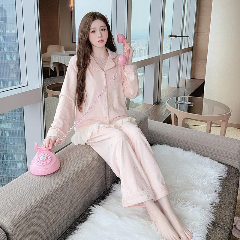 Women's Sea Island Cotton Pajamas - Long-Sleeve Lace Loose Fit Plus Size Student Loungewear