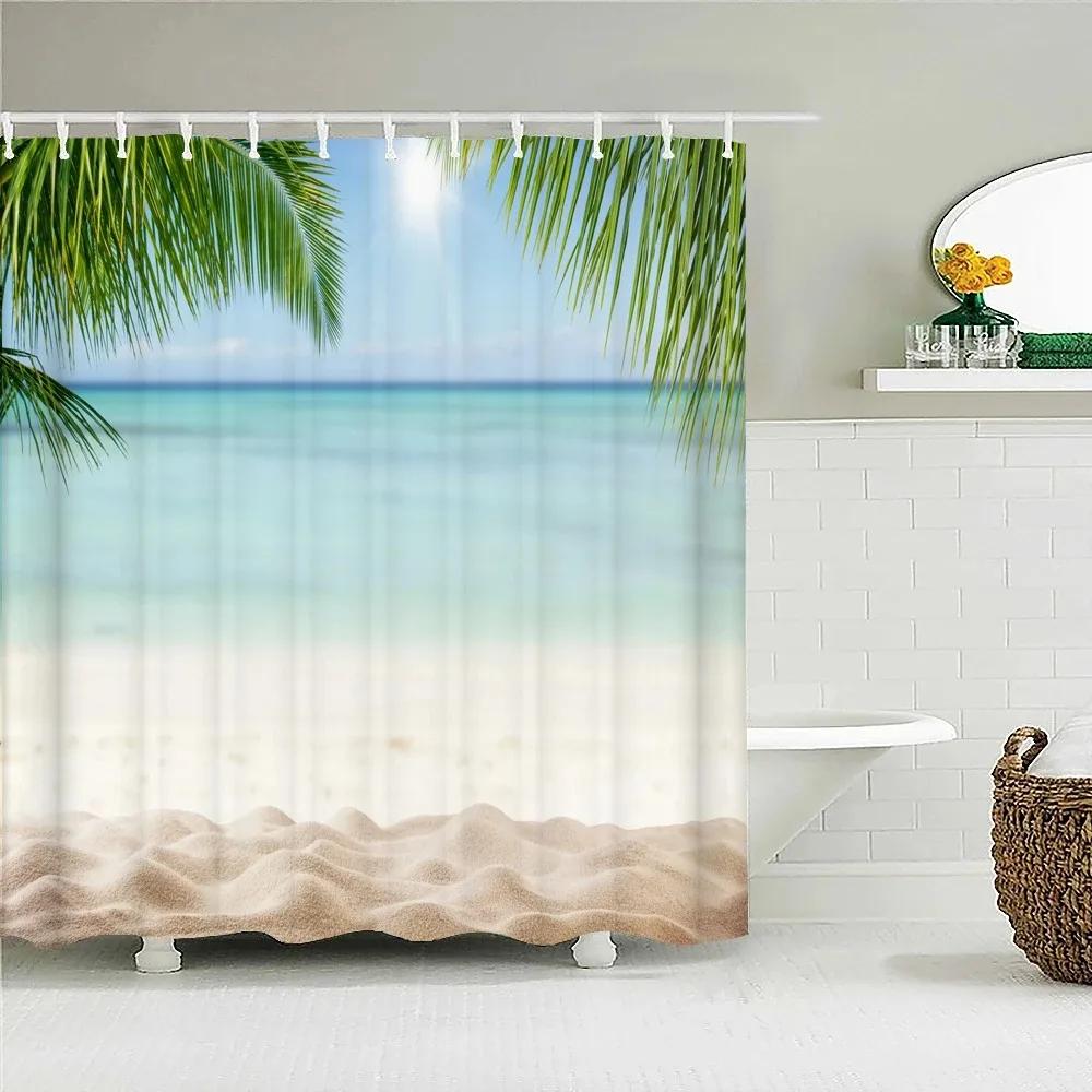 Sunny Beach Seaside Scenery 3D Printing Shower Curtain Large Size Waterproof Polyester Home Decor Curtain With Hooks