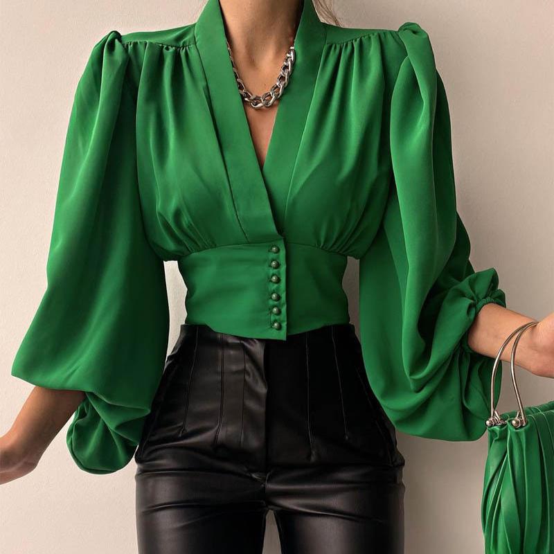 Spring and Autumn Women's Temperament Button V-neck Lantern Sleeve Blouse Shirt