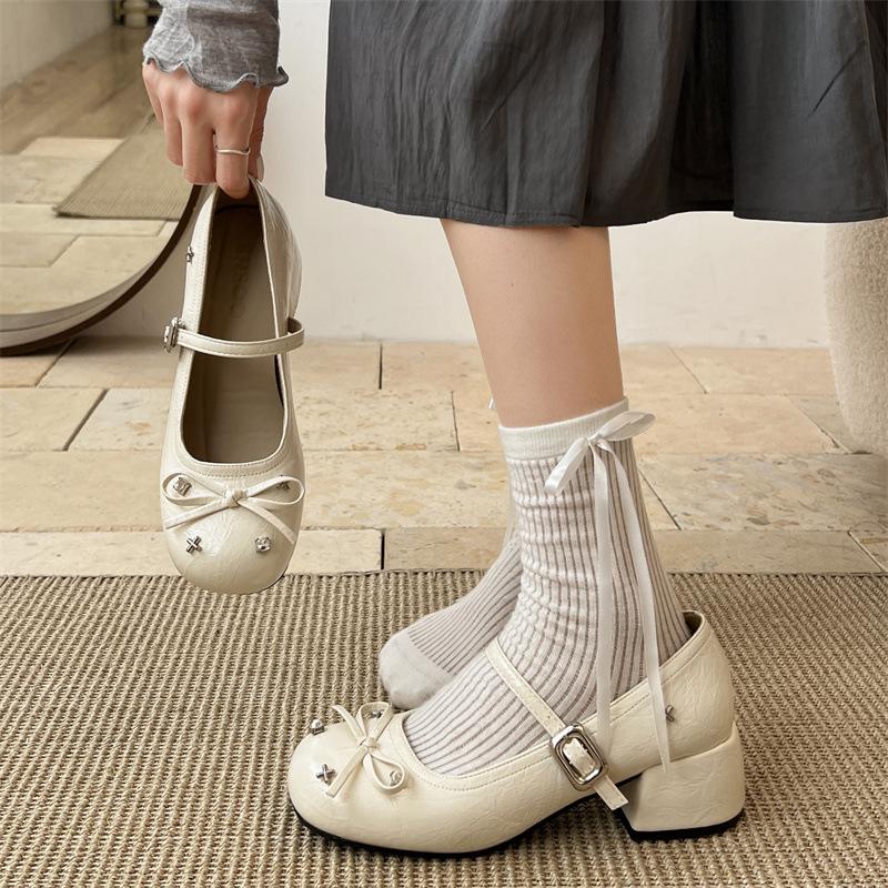Cute Butterfly-knot Mary Jane Shoes for Women Elegant Dress Thick Heel Ladies Footwear Casual Street Style Shoes