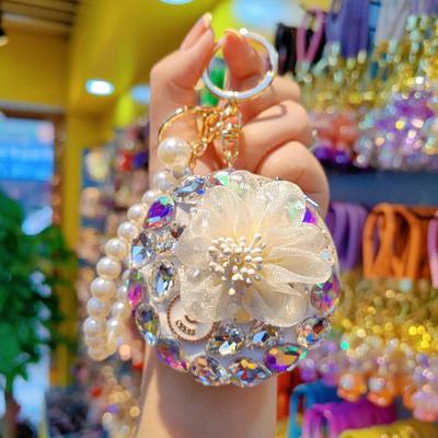 Women Folding Mirror Keychain Portable Make-up Mirror Pendant Rhinestones Faux Pearl Double-Sided Mirror