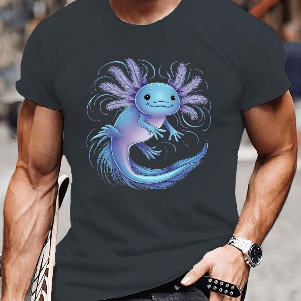 Axolotl Cartoon Graphic Tee Men Casual Crew Neck Short Sleeve TShirt
