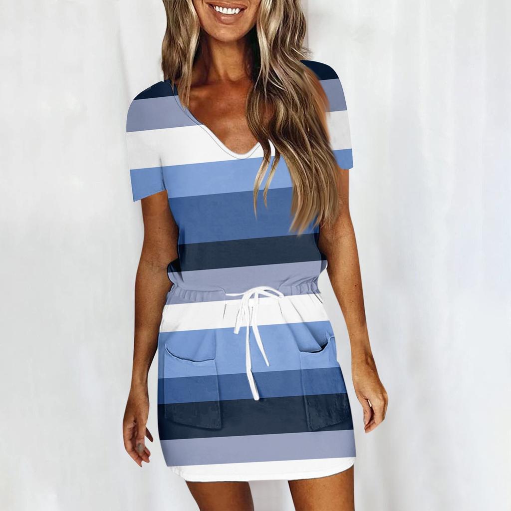 Women's Summer Casual Fashion Printed Drawstring V Neck Short Sleeve Dress