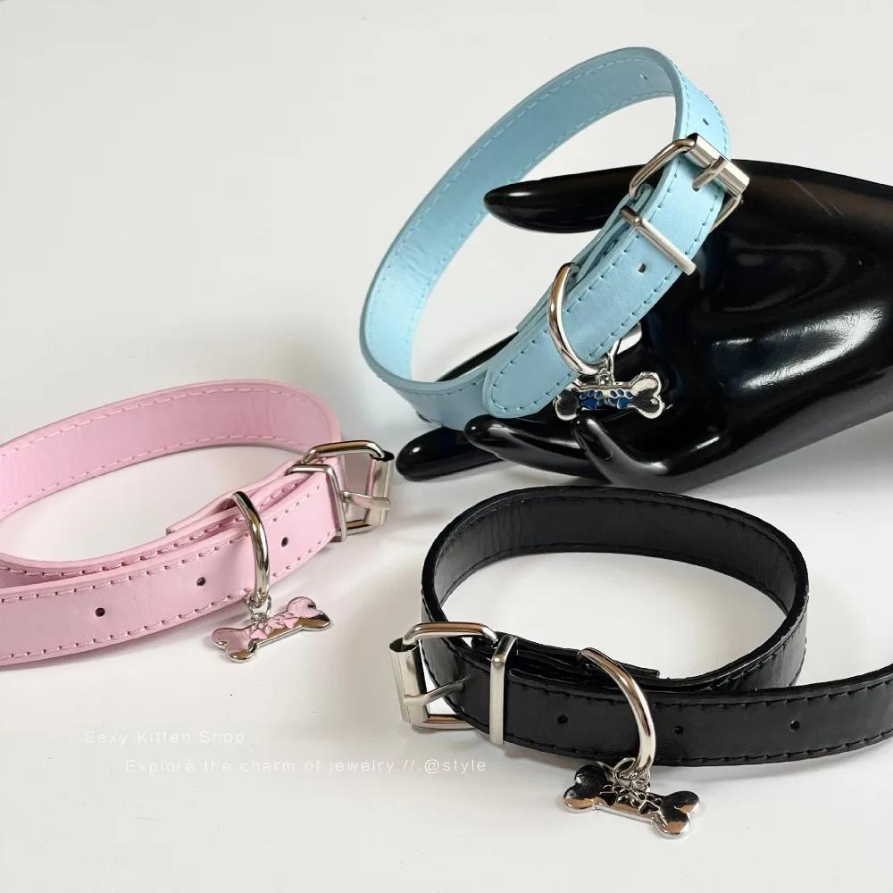 Black Leather Rope Choker, Hip Hop Puppy Bone Collarbone Necklace, Retro Rock Neck Jewelry Accessories for Women