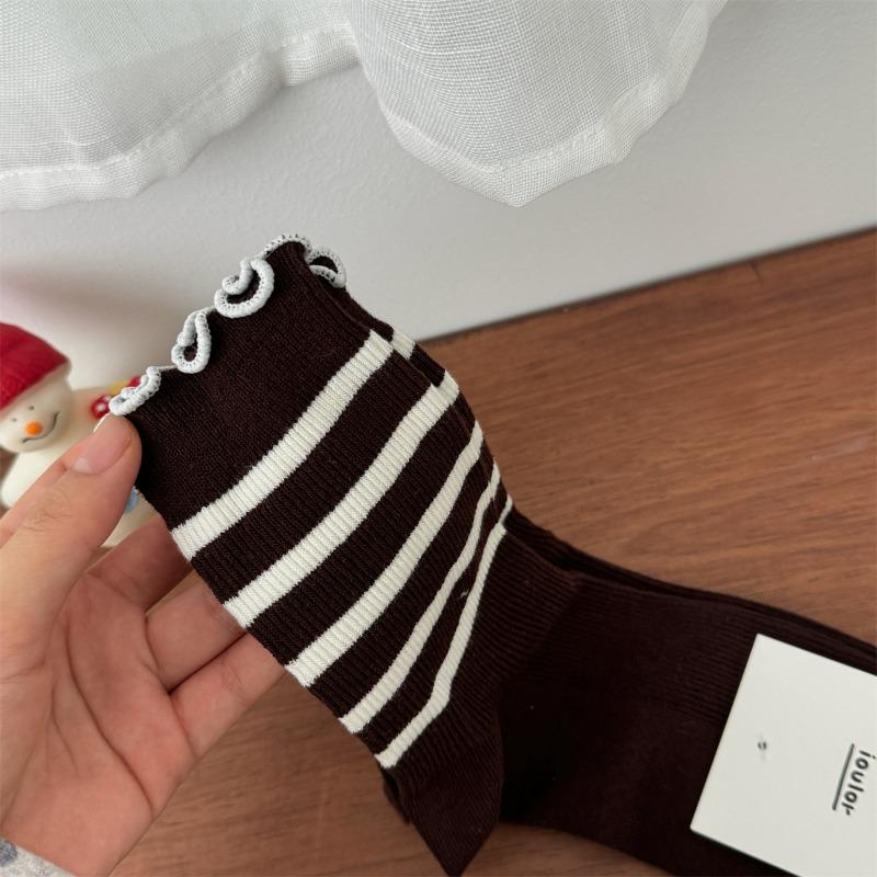 

Multicolored Women s Mid-calf Black Ear Fringed Autumn and Winter Pile Socks Versatile Soft and Glutinous Double-needle Casual Socks 1 pair колір темно кави