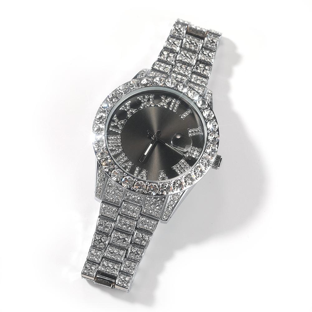 Roman Numerals Diamond-encrusted Men's Watch Trendy Brand Green-faced Large Dial Quartz Watch, One Piece Is Sent On Behalf of Others.