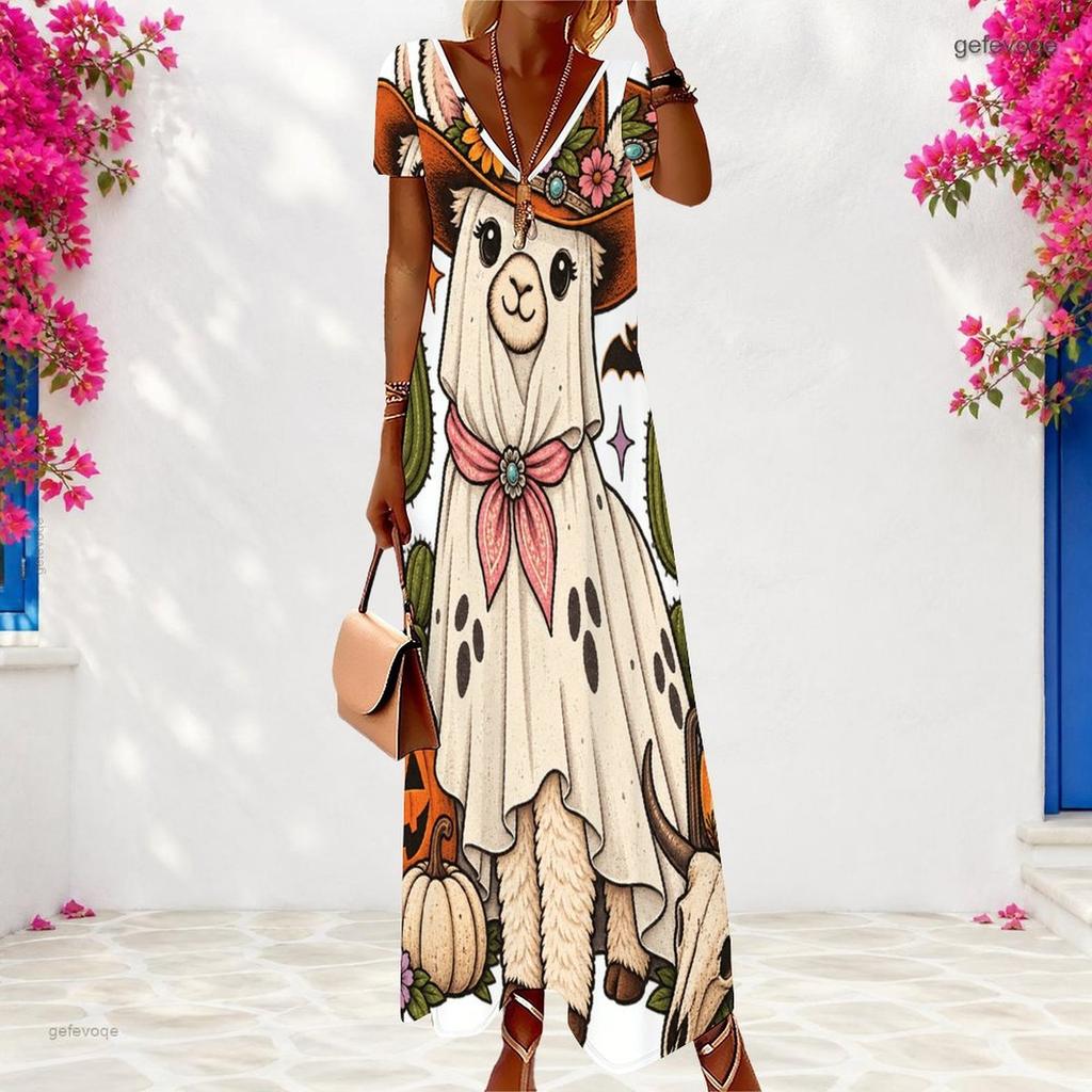 Women Plus Size V Neck Short Sleeve Colorful Printed Long Dress