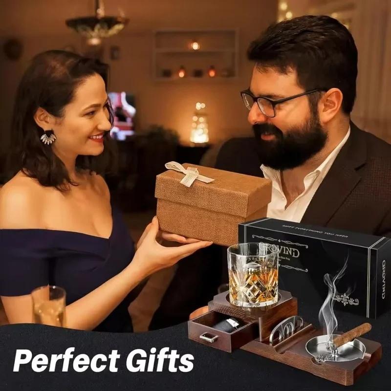 Wooden Cigar Ashtray with Drawer - Whiskey Glass Holder Cigar Holder Beverage Coaster Cigar Accessories for Men