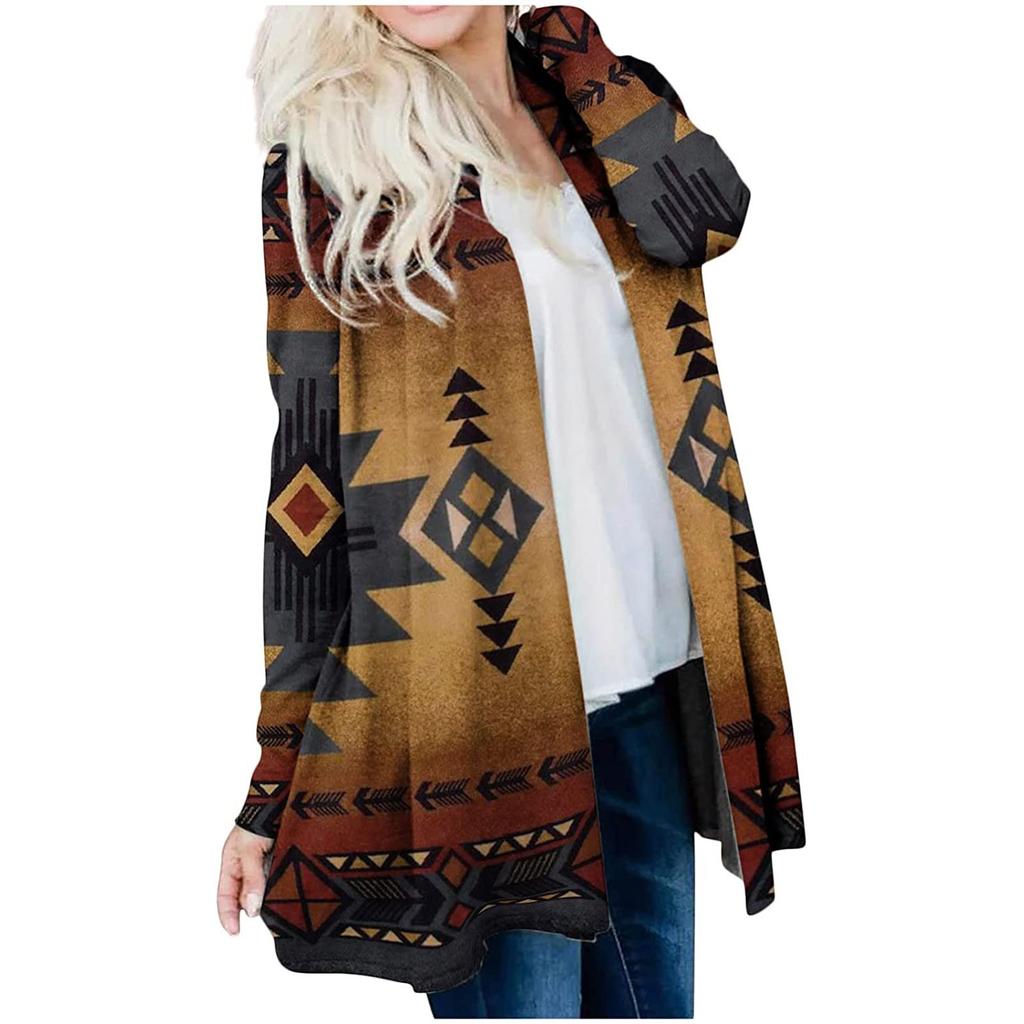 Women's Fashion Casual Nationality Print Medium Length Cardigan Jacket Coat