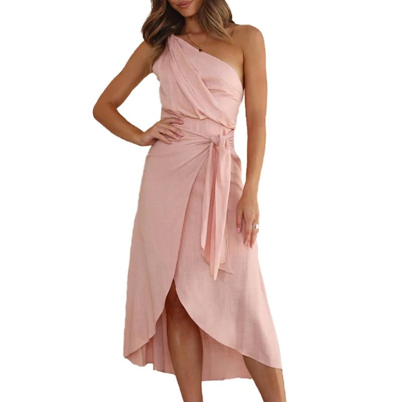 

Милое розовое сексуальное платье без рукавов, летнее платье с диагональным воротником, нестандартное платье с открытыми плечами, повседневное платье средней длины с застежкой-молнией на поясе 25547 XL розовый