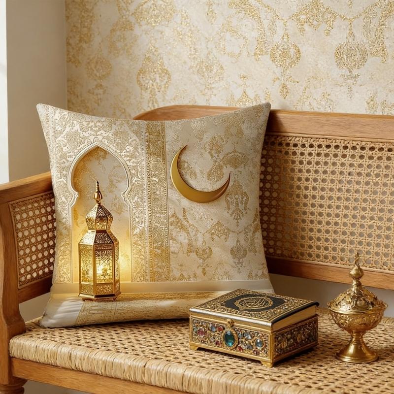 Soft Short Plush Cushion Cover Gold Moon Ethnic Festival Print 45x45cm Standard Size for Home Decoration