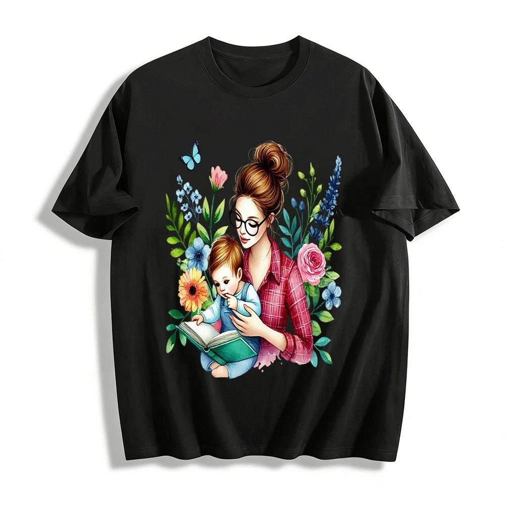 Mom And Baby Reading Floral Print Casual Top For Adults Pure cotton T-shirt XXS