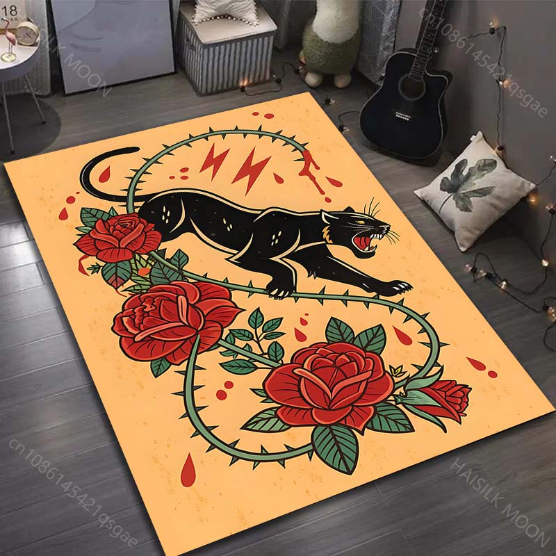 Black Panther and the Thorny Rose Print Carpet for Bedroom Living Room Bedside Sofa Floor Mat Modern Home Decor Area Rug