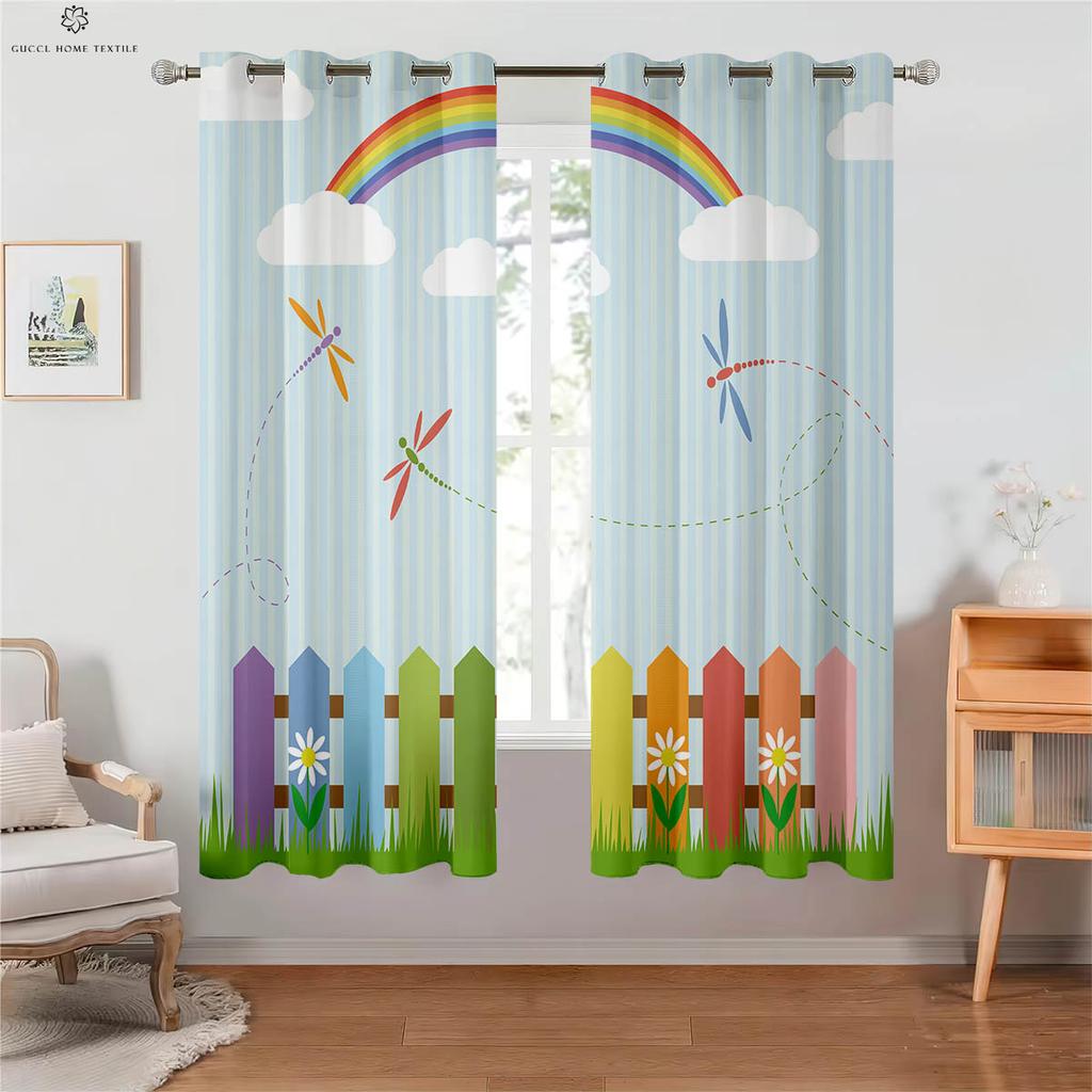 Blackout Heat Insulation Drapes Rainbow Shiny Color Gradient Print Kids Bedroom Living Room Study Decorationation