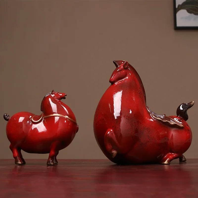 Statua in Ceramica Cavallo Grasso Creativo, Decorazione per la Casa, Scultura Cavallo Rosso Tang Fortunato, Decorazione per Soggiorno, Artigianato Retro