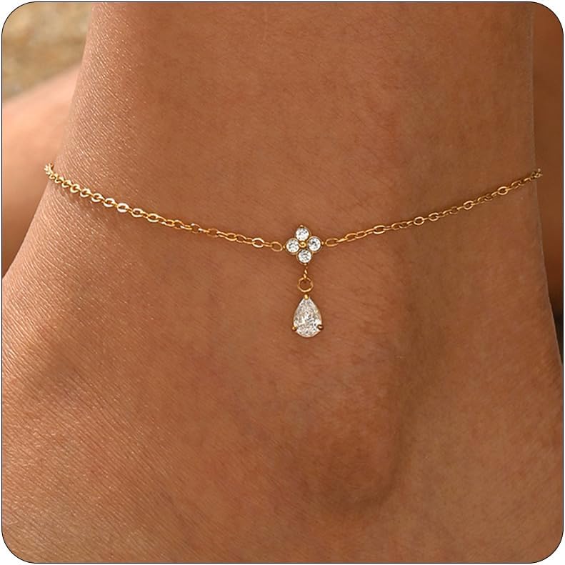 18K Gold Plated Flower Waterdrop CZ Ankle Bracelet for Women Teen Girl, Dainty Trendy Summer Waterproof Beach Foot Chain Jewelry