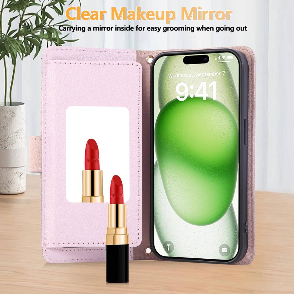 For Samsung Galaxy S25 Edge S24 S23 S22 S21 Ultra FE Wallet Case with Mirror, Wristlet & Crossbody Strap, Zipper Card Holder