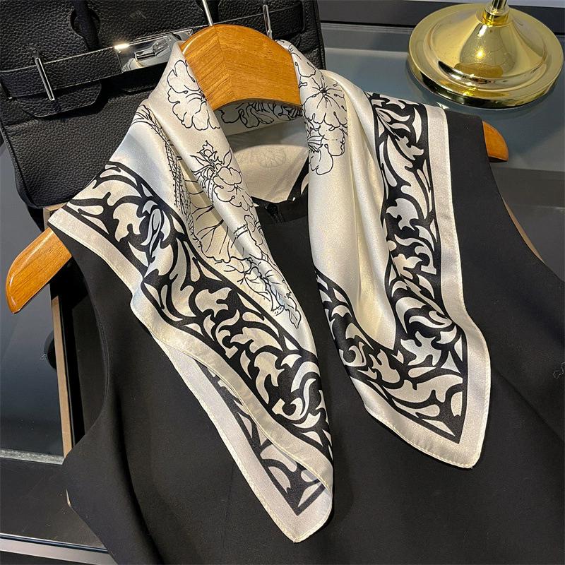 53cm Square Scarf 100% Pure Real Silk Scarves for Women Foulard Fashion 2025 Floral Brand Print Shawls Hijab Bandana Headband