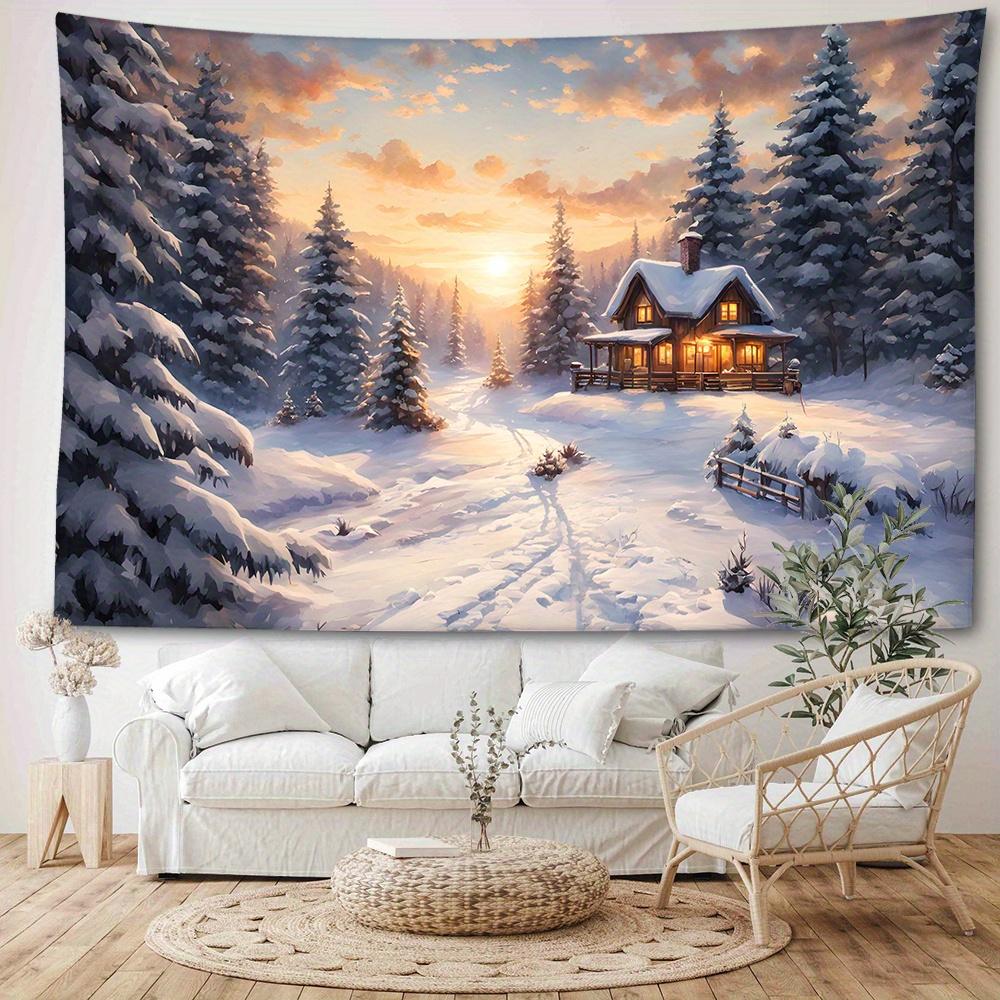 Christmas Snow Mountain & House Tapestry - Festive Wall Hanging for Living Room, Bedroom Decor | Durable Polyester, Easy Care | Multiple Sizes Availab
