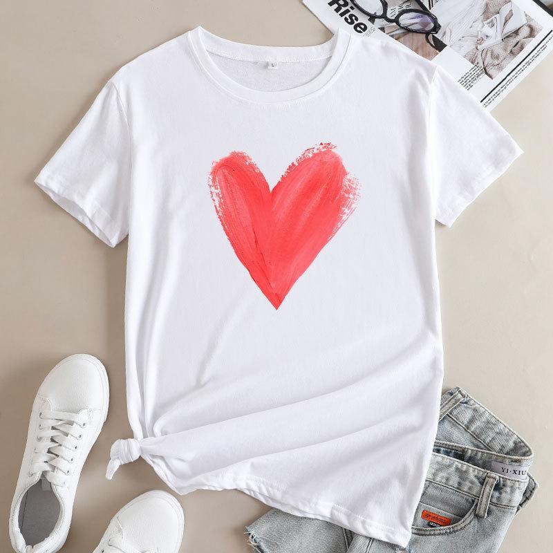 Summer women's plus size heart-shaped printed pure cotton loose round neck short sleeved T-shirts Women's