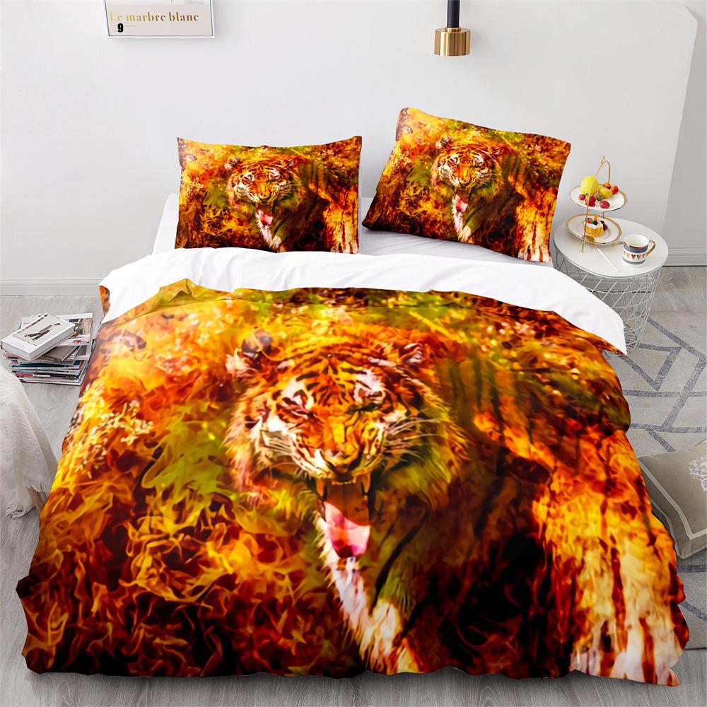 Purple Fire Tiger Duvet Cover Set 3D Print Wild Animals Queen King Size Bedding Set For Kid Boy Teen Comforter Cover With Zipper