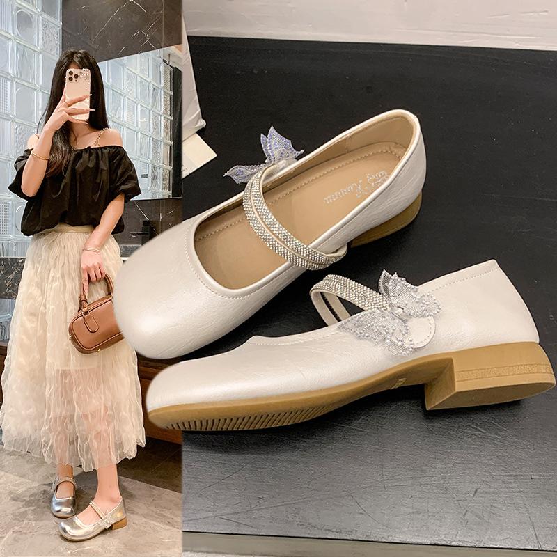 Butterfly decoration French Mary Jane shoes women's new evening breeze low-heeled single shoes women's skirt Doudou women's shoes
