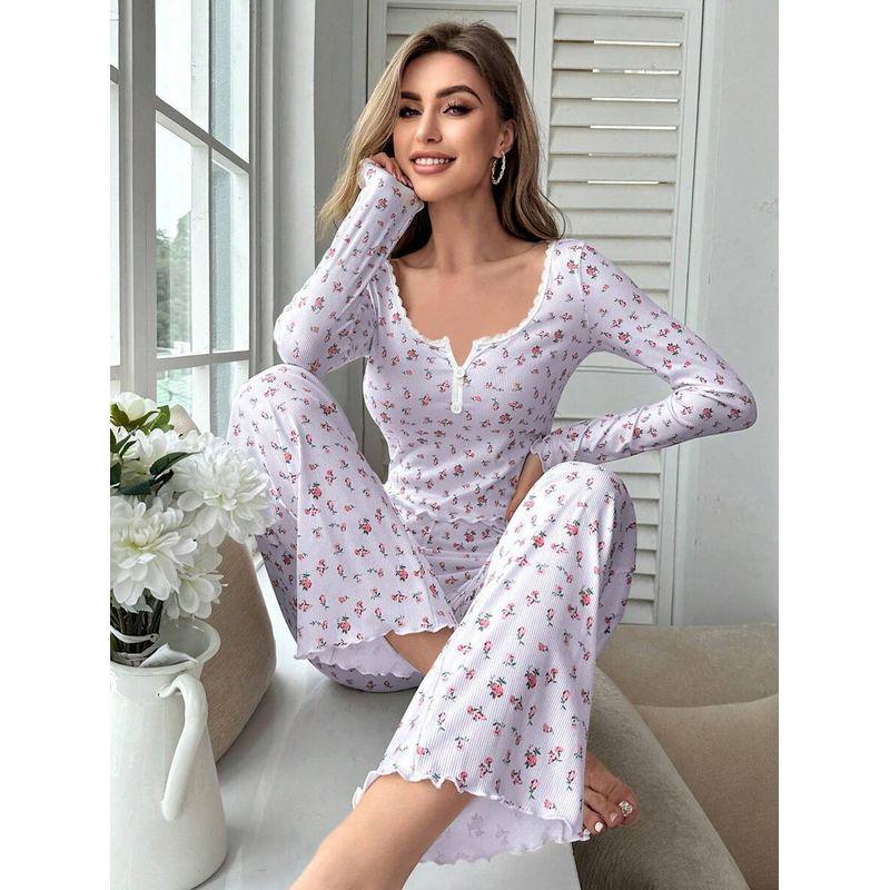 

2025 New Home Wear Set Cross-Border Amazon European and American Long sleeve V-neck Bow Print Curling Trousers Purple XL